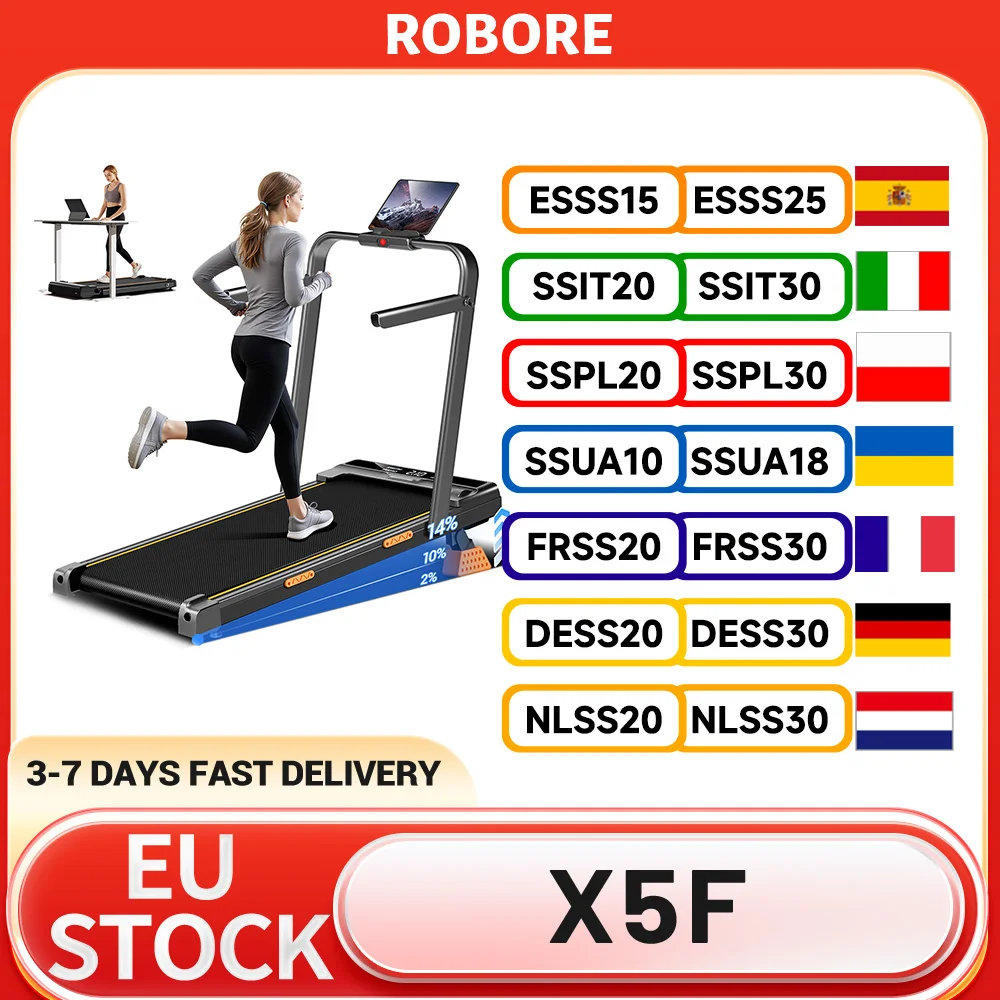 Tapis roulant pliable ROBORE X5F avec inclinaison de 14 %, moteur silencieux de 2,5 CV, vitesse maximale de 10 km/h, inclinaison à 3 niveaux, charge maximale de 150 kg, écran LED