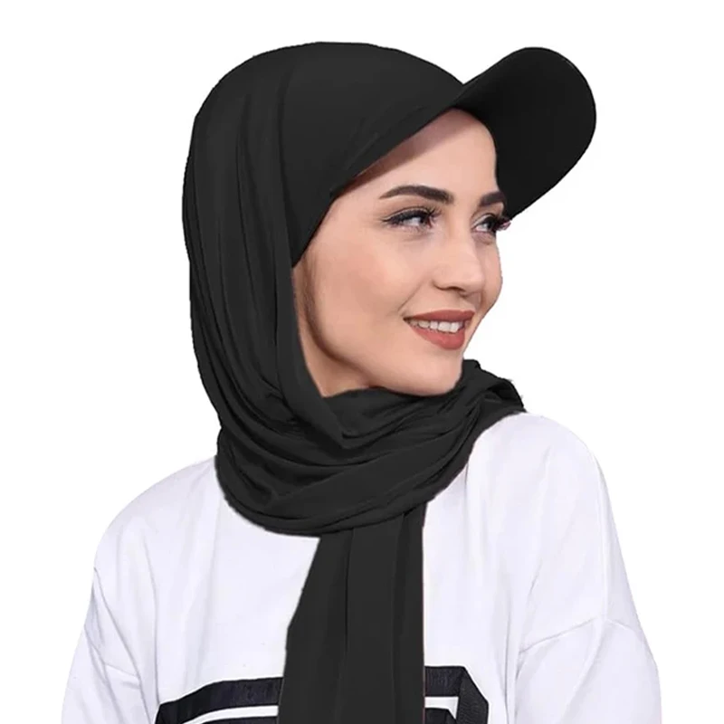 1pc New Stylish Chiffon Baseball Hat Hijab Solid Color Sports Head Wrap Casual Sunscreen Breathable Soft Instant Hijab