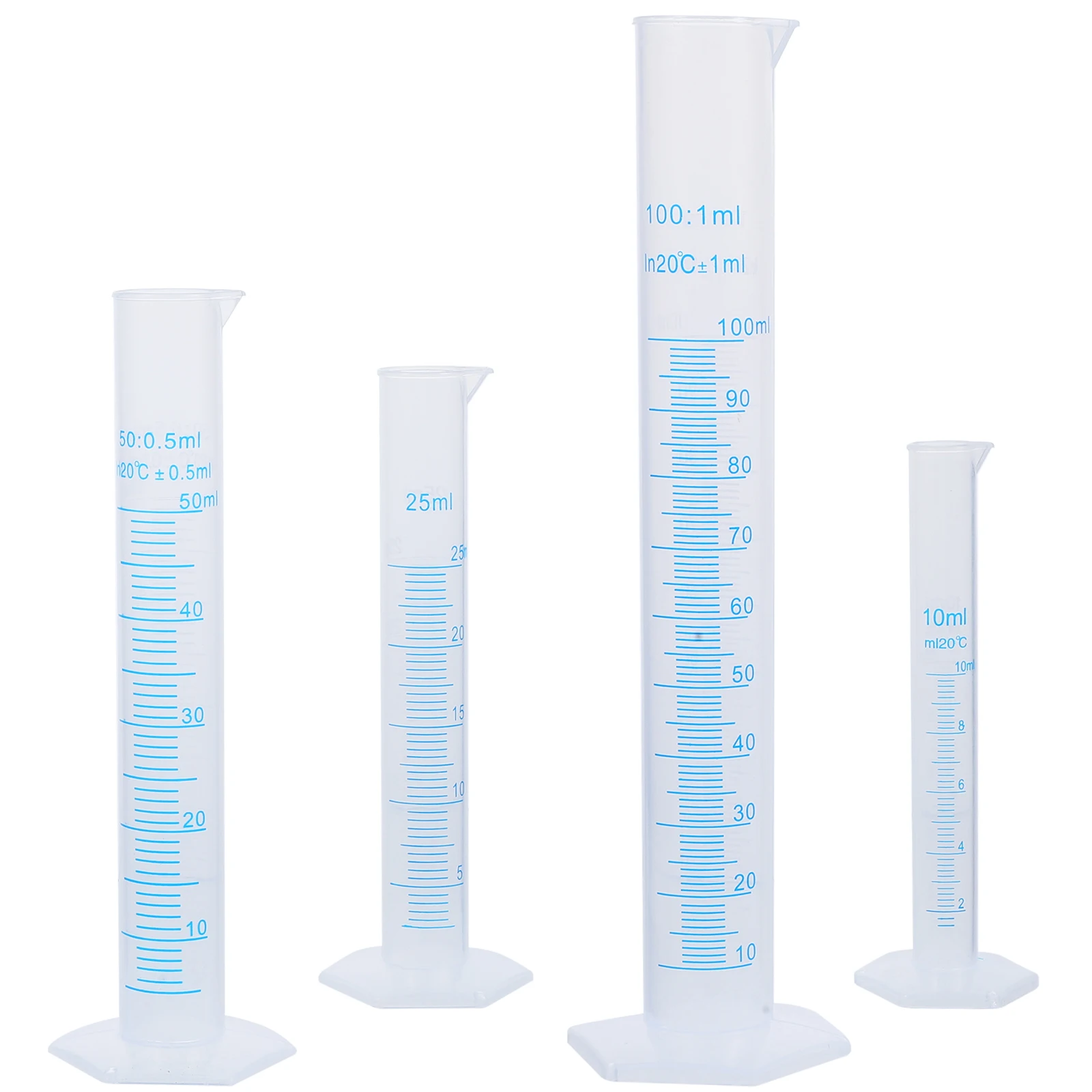 Medição transparente plástico graduado cilindro, plástico Measuri, tubo de ensaio líquido, ferramenta de laboratório, 10ml, 25ml, 50ml, 100ml, 4pcs