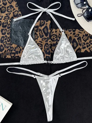 Mini Bikini de microcuerda extremo de cuero PU brillante, traje de baño femenino, traje de baño para mujer, conjunto de Bikini de dos piezas, traje de baño con cuello Halter