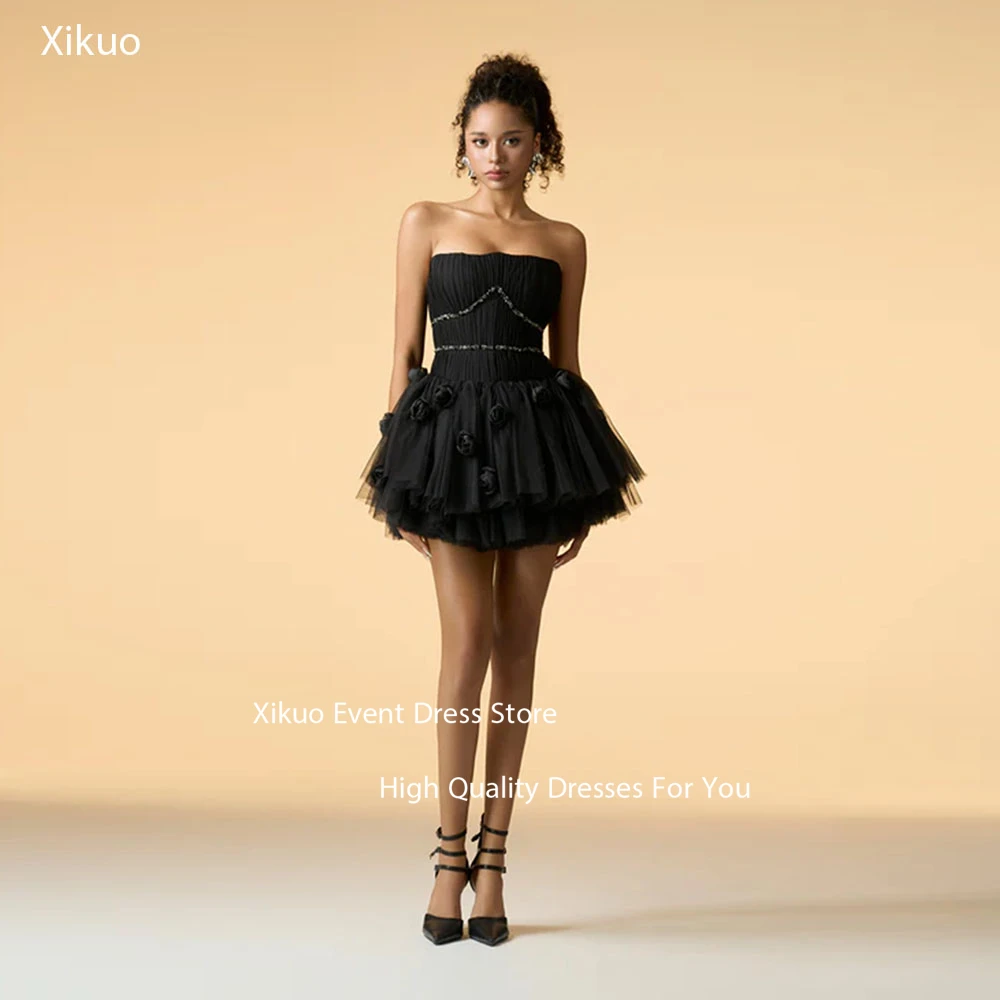 

Dianruo Black Pleated Prom Dress Tulle Fashion Homecoming Dress Mini A Line 3D Flower Strapless Brithday Party Dress Customized