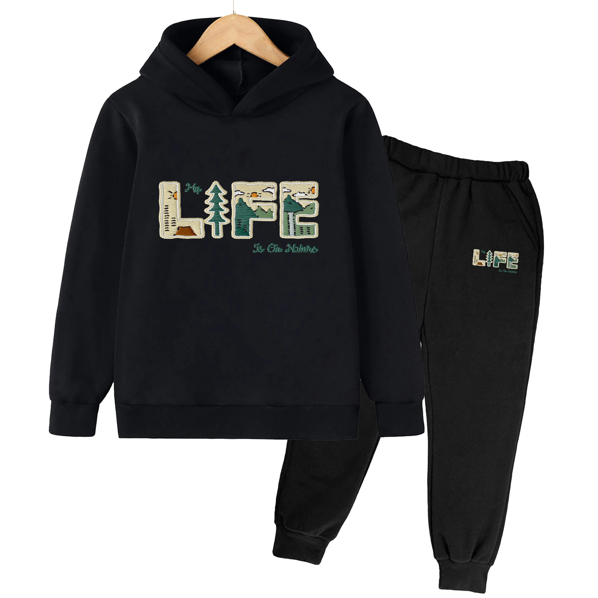 Children Clothing Sets Casual Retro Vintage Nature Scenery Letter Printed Boys Girls Hoodies + Sweatpants Suit 3-14Y Autumn Warm