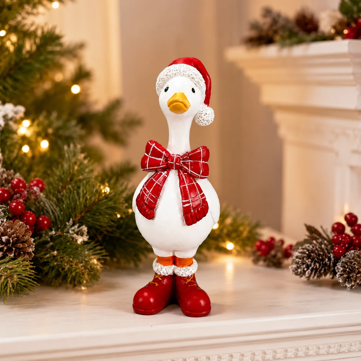 Christmas Resin Duck Figurine Red Hat Plaid Bow Desk Statue Cute Animals Miniature Holiday Table Centerpiece Home Decor Gift