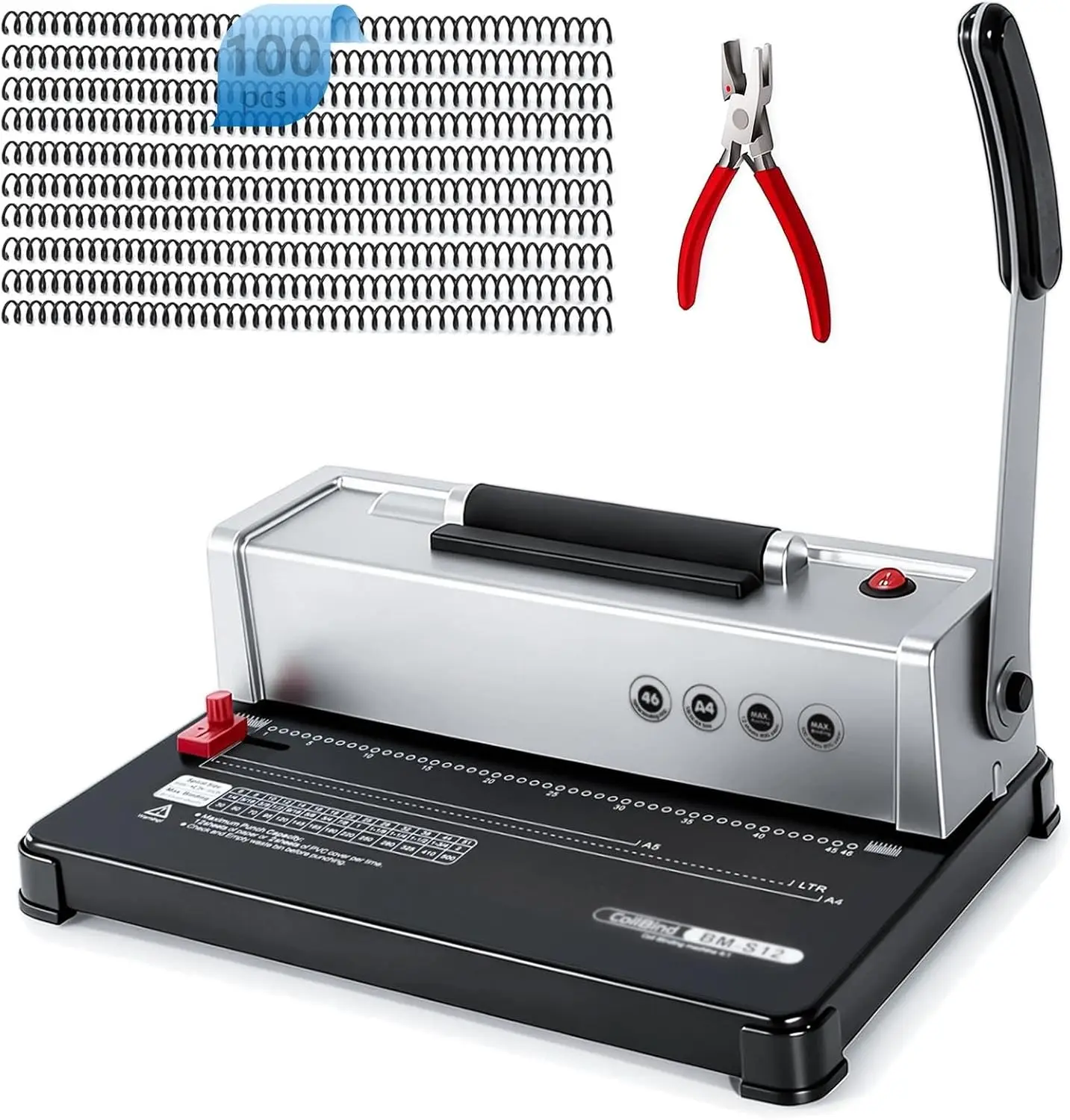 Electric Spiral Binding Machine with Coil Inserter, 12-Sheet Punch Capacity, Book Binder for A4/A5/Letter Size Paper, Includes 100 Pieces 4:1 Coils