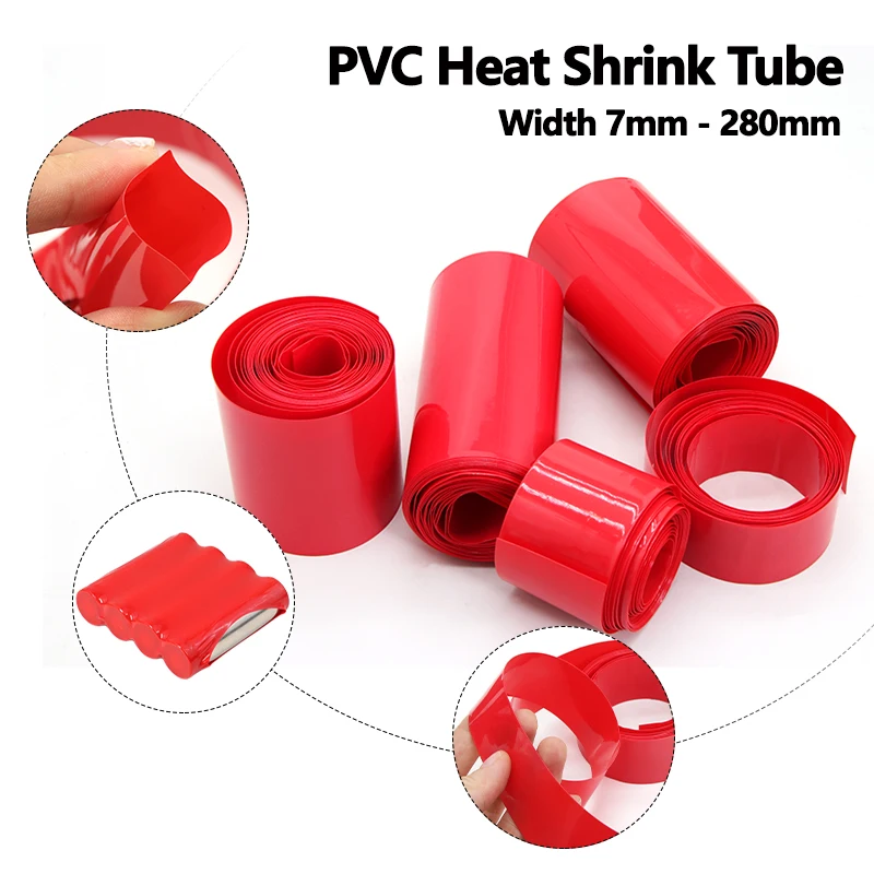 1/5/20m PVC Heat Shrink Tube 7mm~280mm 18650 Lipo Battery Pack Insulated Film Wrap Lithium Case Protection Cable Sleeve Red DIY