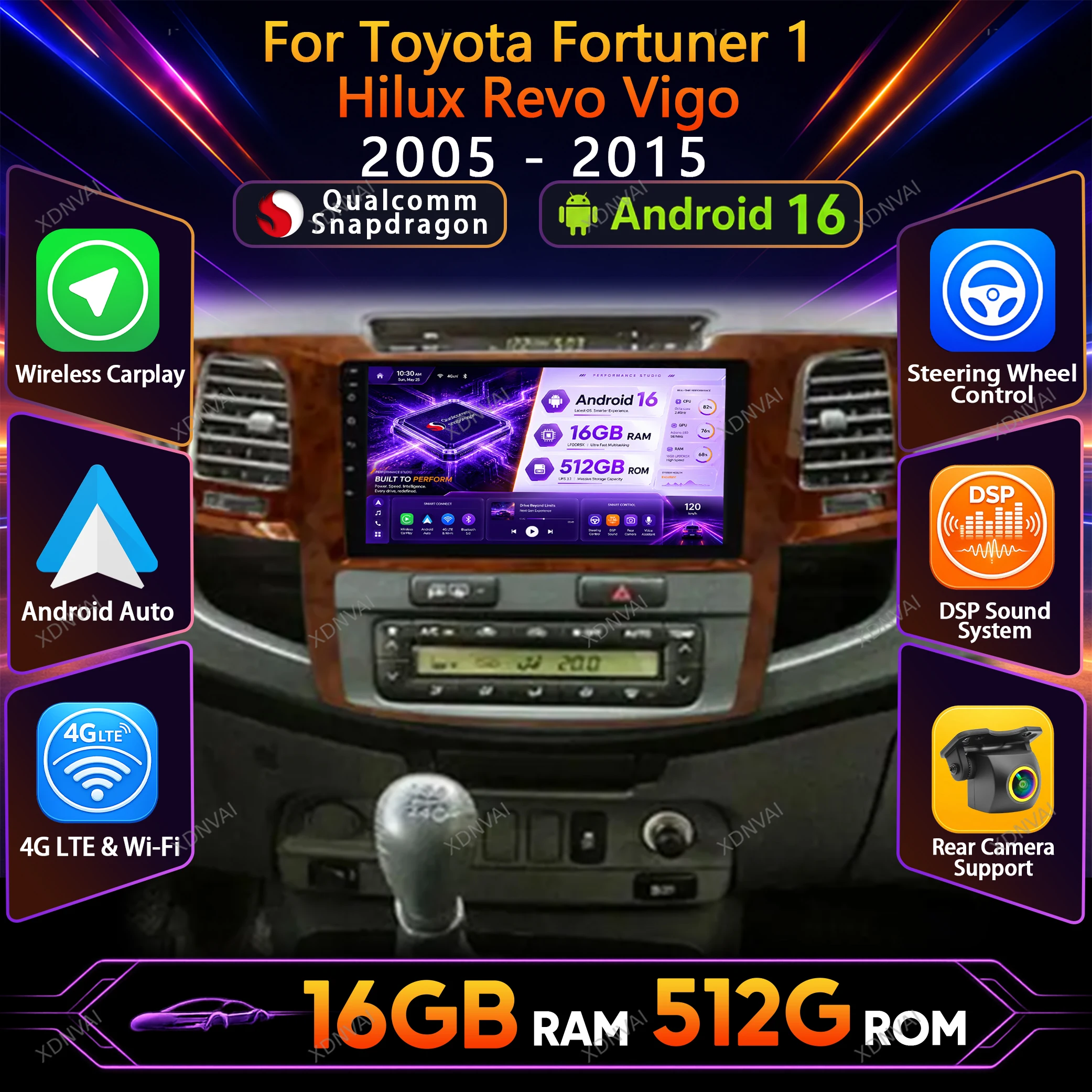 Автомобильная магнитола на Android 16 для Toyota Fortuner 1 Hilux Revo Vigo 2005 - 2015, мультимедийный видеоплеер, DSP, навигация, 4G LTE, Carplay, RDS.