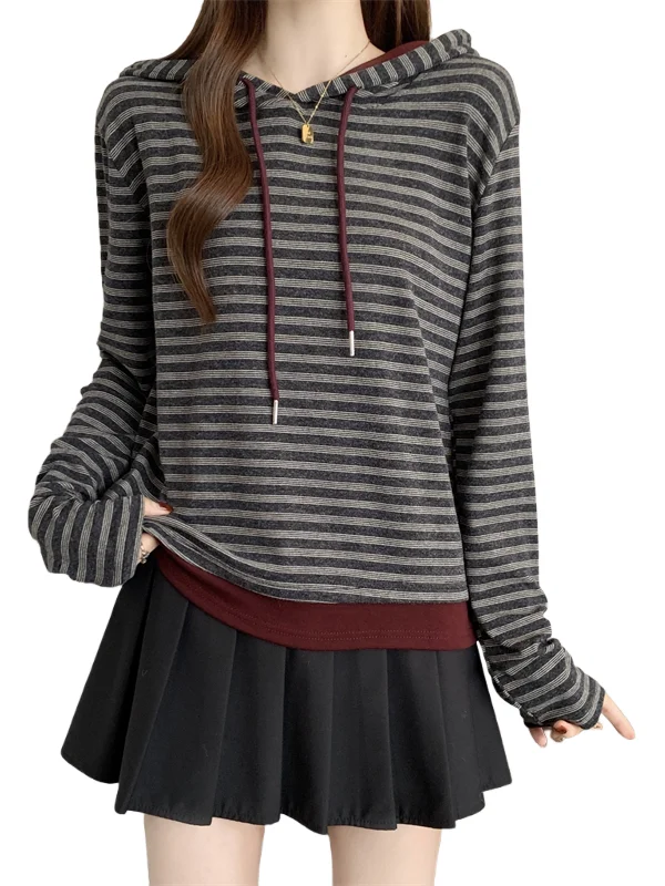 Dstring هوديي طبقة قاعدة مخططة irt المرأة ربيع الخريف جديد حجم كبير التخسيس الكورية Sle شيك ort الأعلى