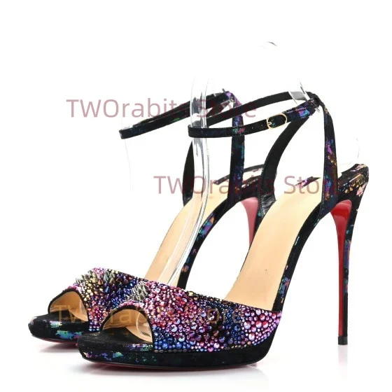 Rhinestone Strappy Sandals Colorblock Light Women's Rainbow Buckle Print Luxury Sexy Elegant Banquet Party Open-Toe High Heels