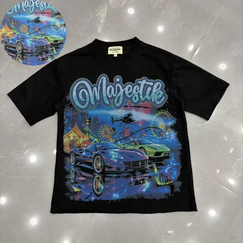 American Fashion Brand Short Sleeved Car Print Pattern Street Hip-hop Style Hot Stamping Majestik T-shirt