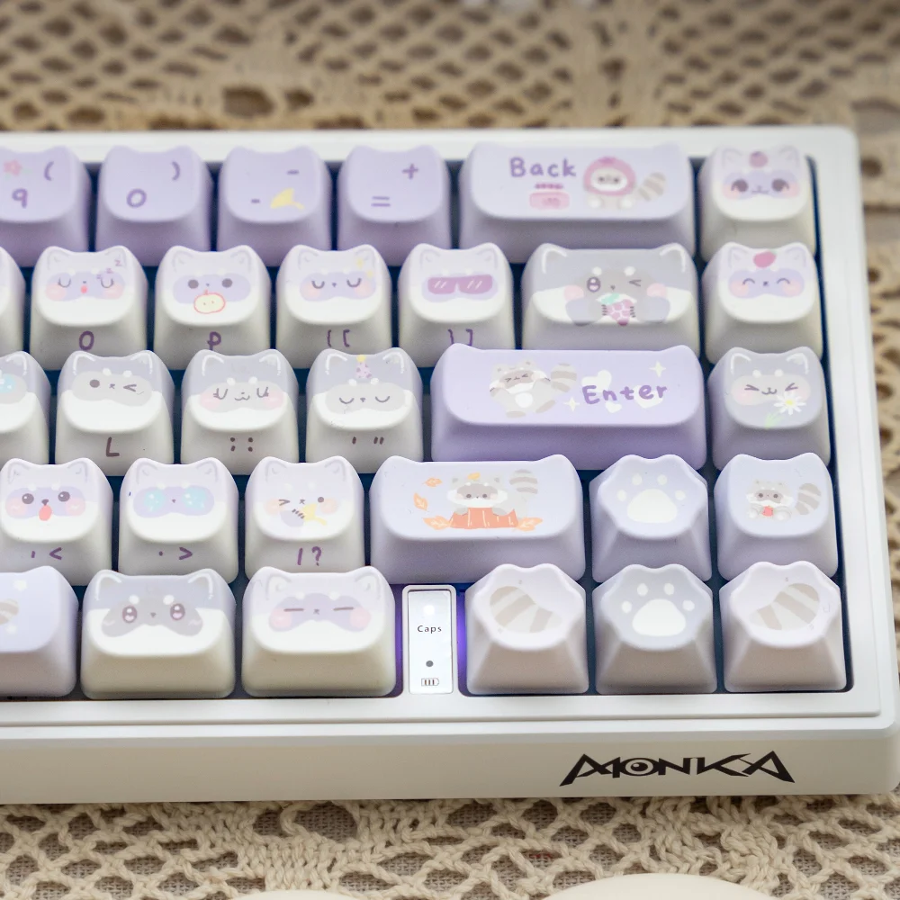 141 klawiszy Raccoon Team Cute Cat Head Keycaps MAO Profile PBT Thermal Sublimation Mechanical Keyboard Caps Lilac Purple Meow Keycap