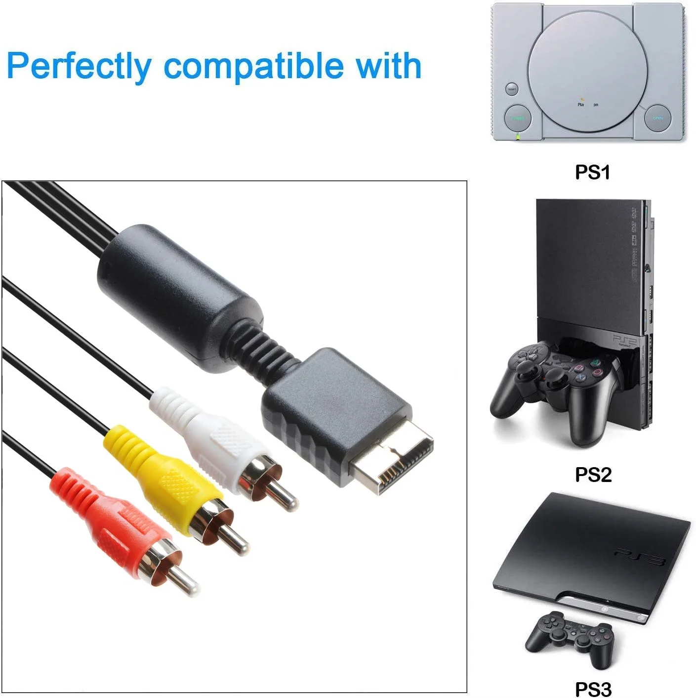 Audio Video RCA Cable Game Console Composite Accessories Connection AV Cable for PS1 PS2 PS3 TV Cord Compatible PlayStation 2 3