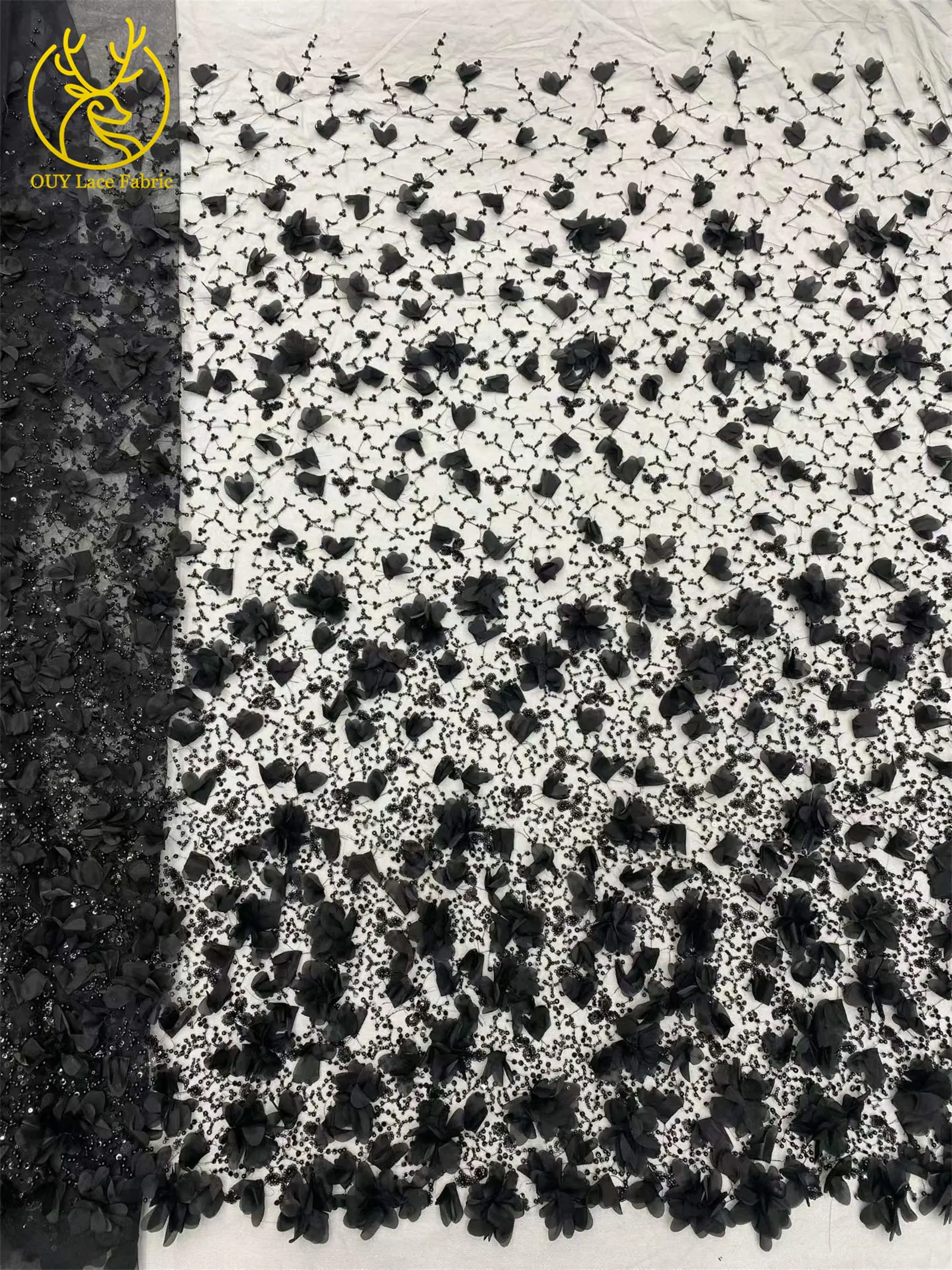 Afrikanischer Perlen-Pailletten-Spitzenstoff 2026 Schwarz 3D-Blumenstickerei Afrikanischer Spitzenstoff für Hochzeitskleid-Dekoration und Näharbeiten – Detail 18