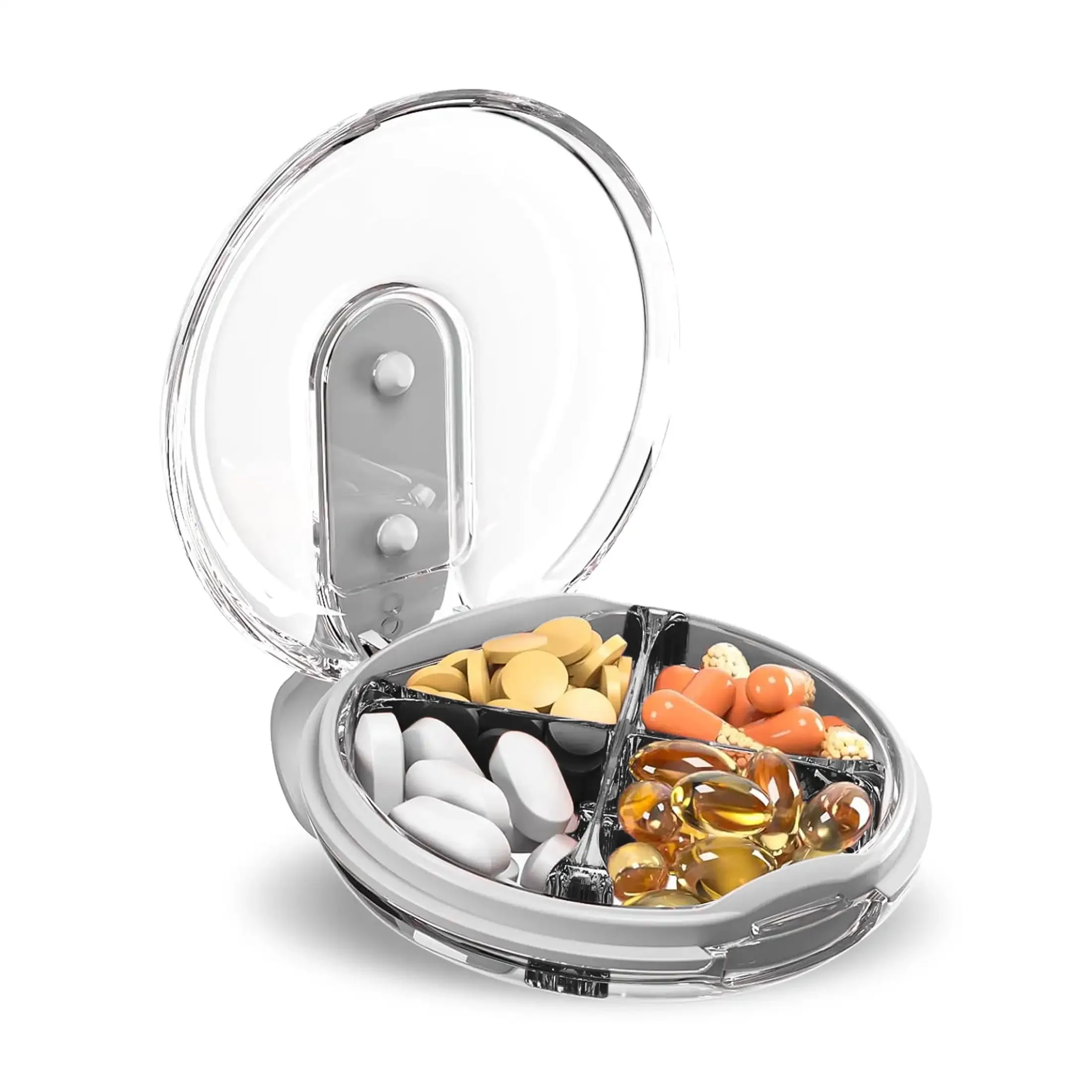 

Daily Use Round Pill Organizer 1 Pack, Easy to Open 4 Compartments, Large Capacity Portable Travel Pill Box, Pill Dispenser
