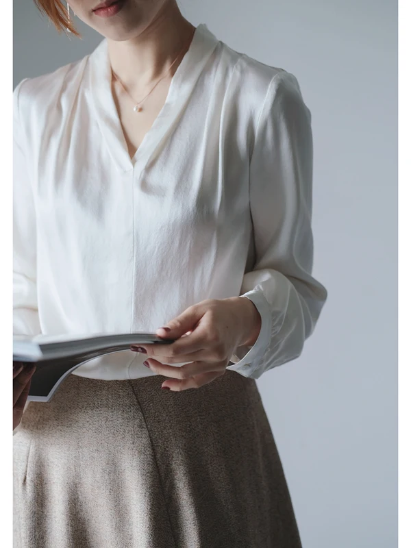 

Ele Long Sve Silk Chiffon irt V-Ne White Women's Busin Casual Spring Summer Breathable Comfortable Chinese Brand