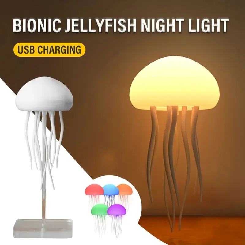 3D Jellyfish Night Light Creative Voice Control Light Flexible Tentacles Type-C Charging Bedside Lamp for Holiday Children Gift