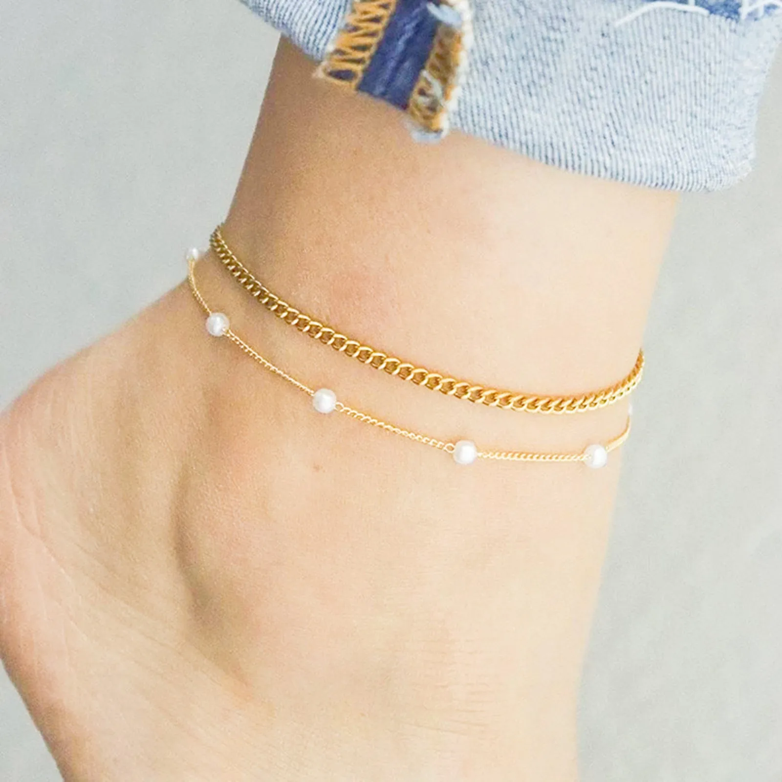 Fashionable Minimalist Foot Accessories For Women Unique Double Layered Handmade Pearl Chain Versatile Charm Anklet Bracelet