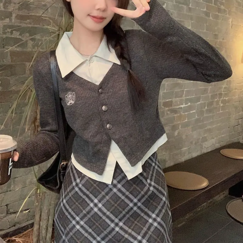 Preppy Style Knitted Patchwork Blouse 2024 Spring Autumn Fake Two Pieces Female Clothing Polo-Neck Slim Stylish Embroidery Shirt