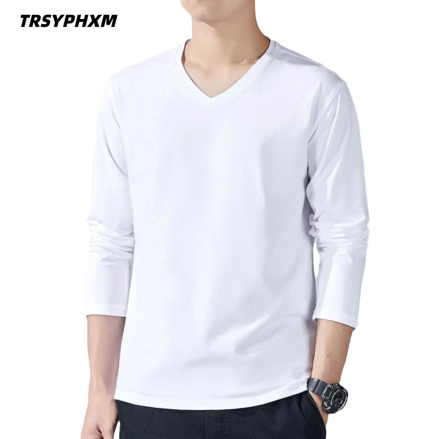 

TRSYPHXM new Long sleeved men's T-shirt, pure cotton loose solid color top, V-neck youth autumn and winter t-shirt base shirt