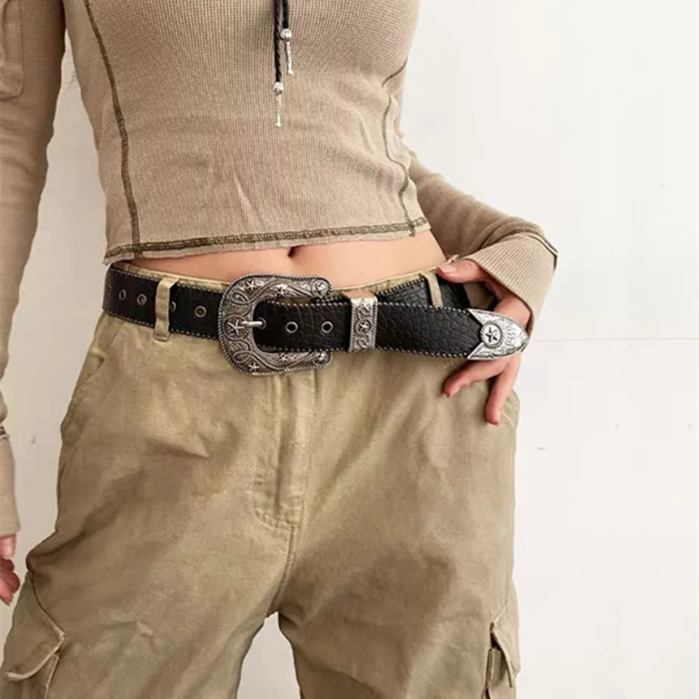 Gothic Stone Pattern Leather Waist Belt Men Women Jeans Dress Decoratio Waistband Gun-Black Carved Pin Buckle Beaded Waist Strap