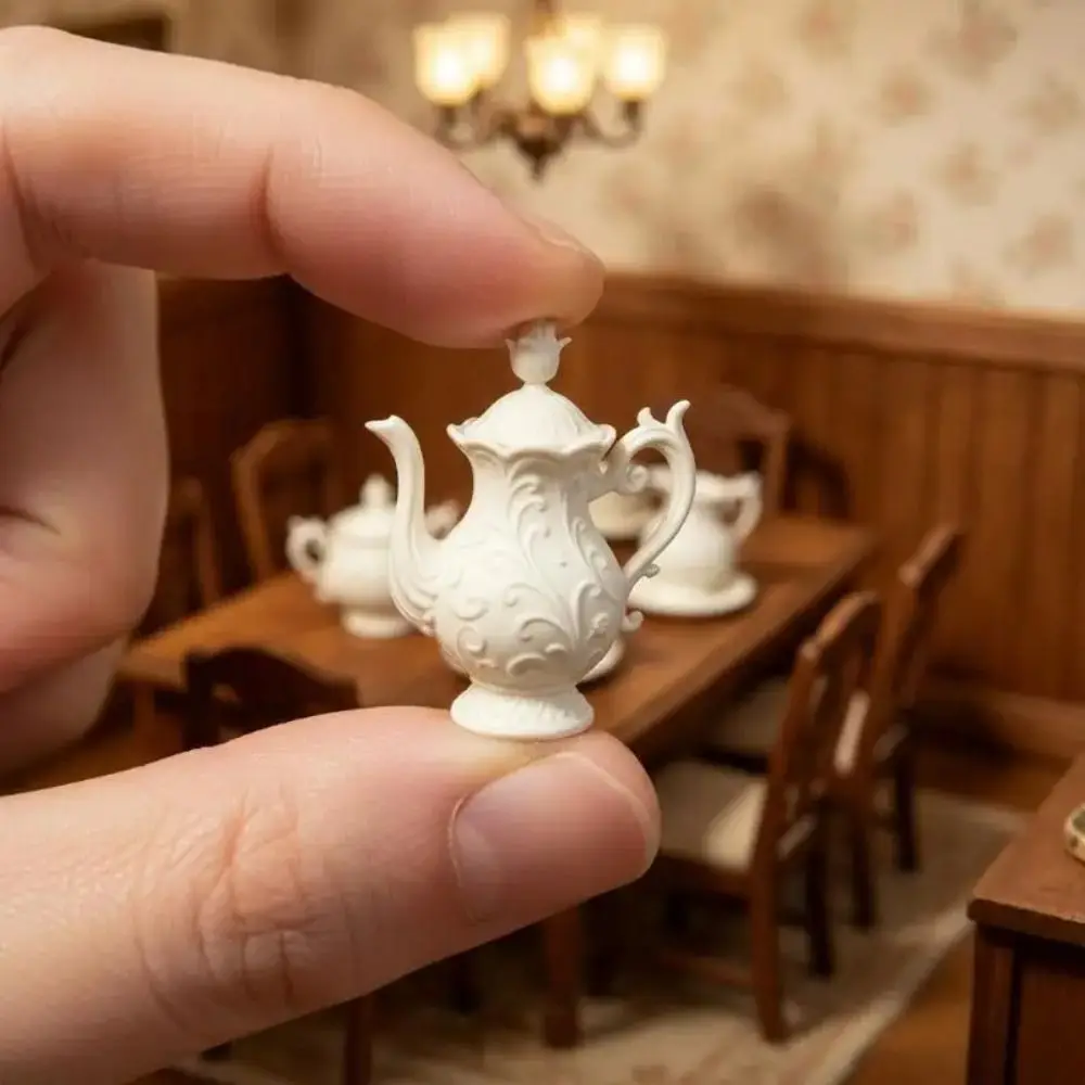 Miniature Dollhouse Teapot Miniature Scale 1:12 Simulation Model House Decor Accessories Mini Flower Relief Dish view 2