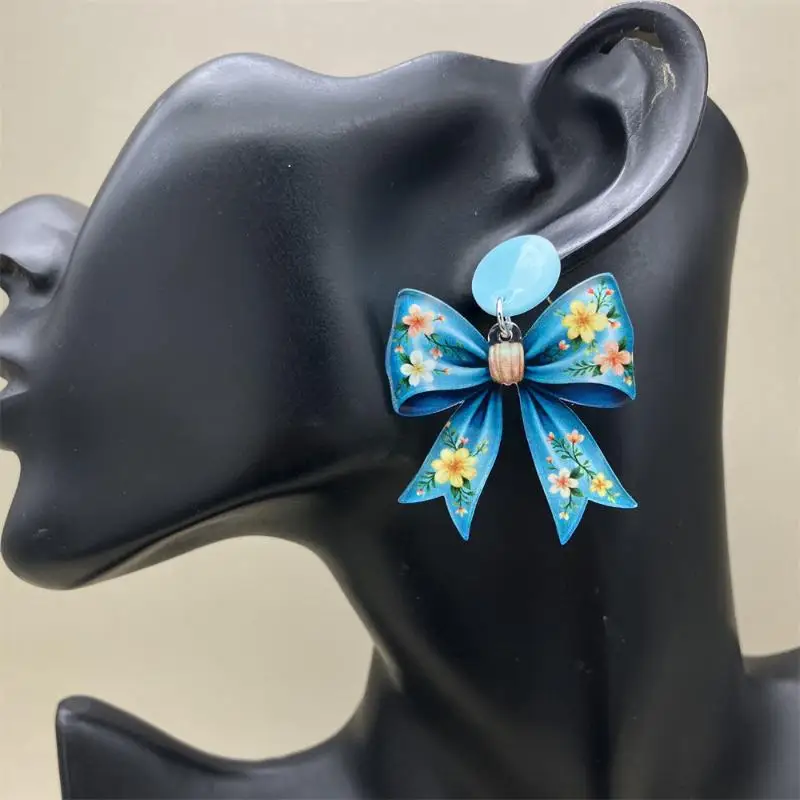 Sweet Colorful 2D Bow Earrings Acrylic Print Drop Style Jewelry for Women Weekend Outing Accessory