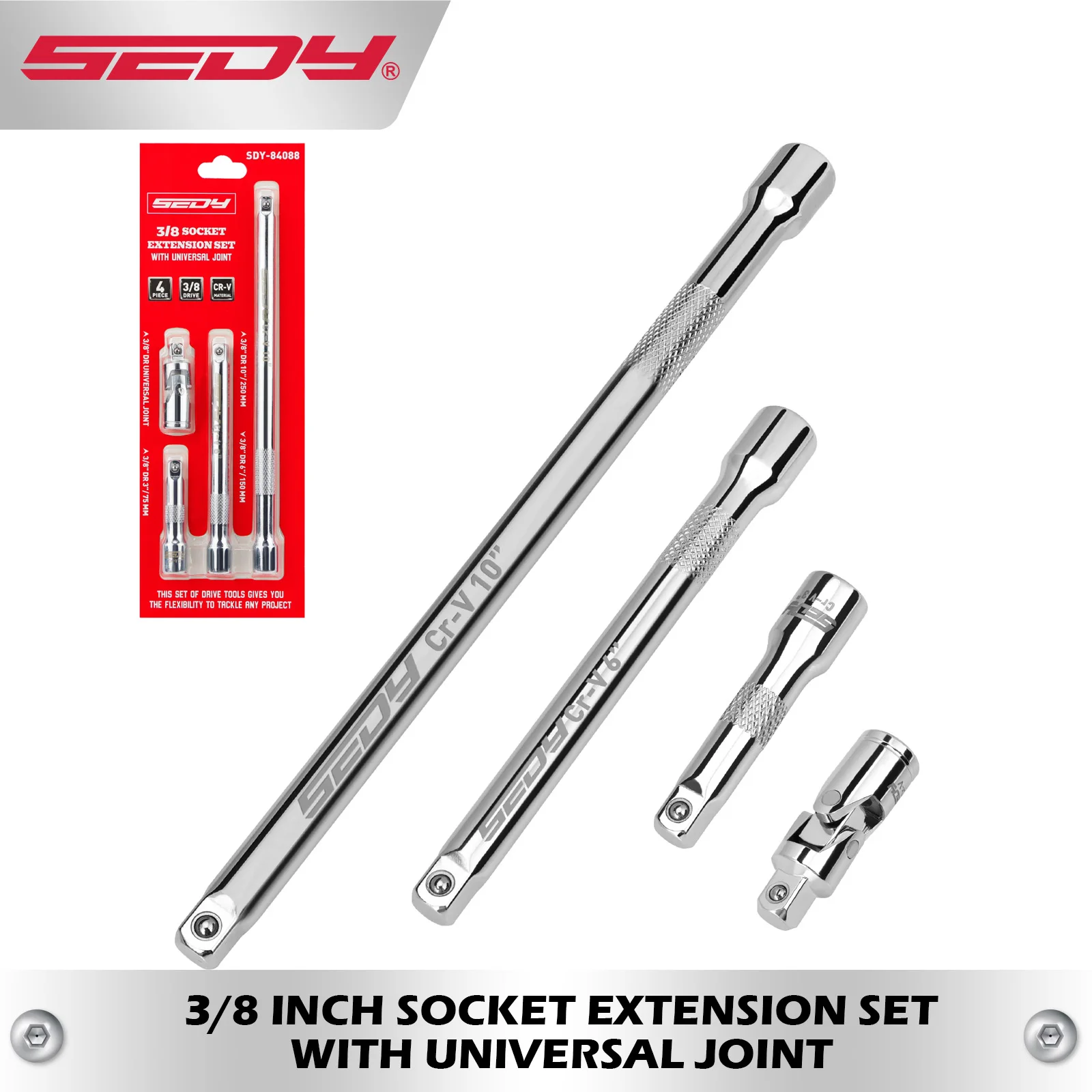 

SEDY 4Pcs 3/8"Drive Socket Extension Bar Set, 3/6/10" Extensions + Universal Joint, CR-V Steel for Garage Automotive Repair