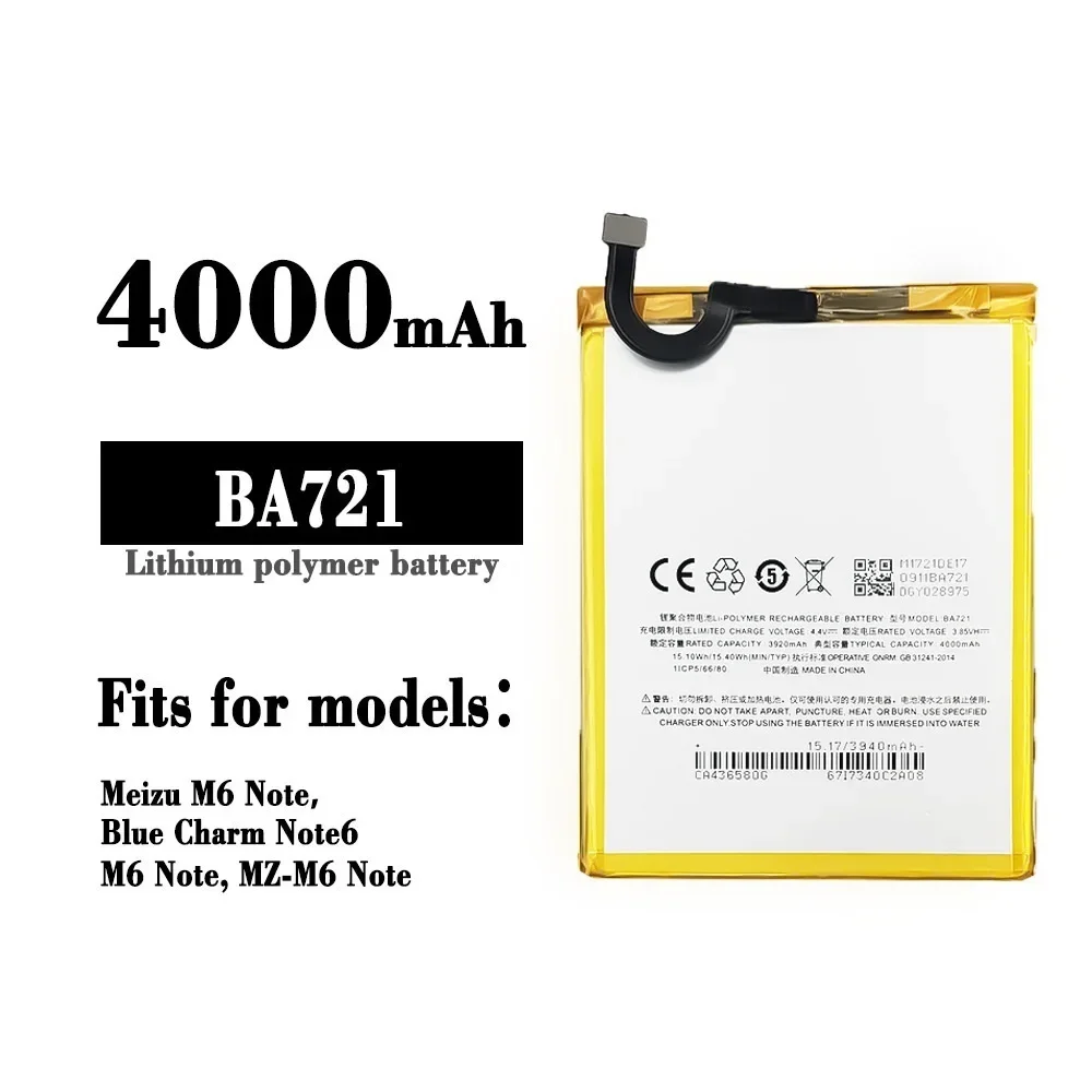 4000mAh BA721  Replacement Battery For Meizu M6 Note M721H M721L Mobile Phone Batteries