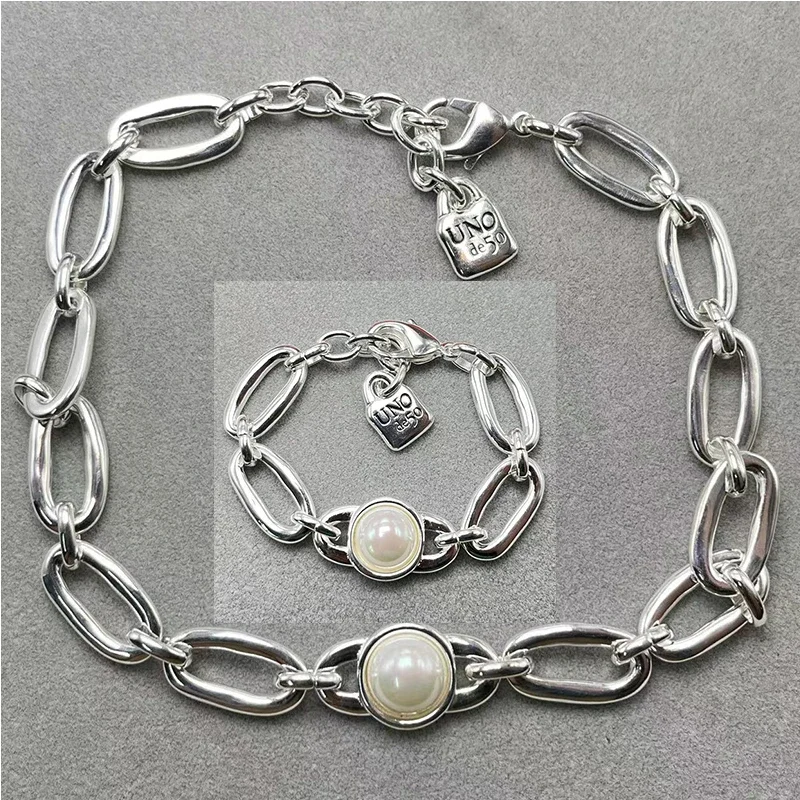 

2024 UNOde Spain Gentle and Elegant Pearl Silver Geometric Bracelet Necklace Jewelry Set Women's Gift