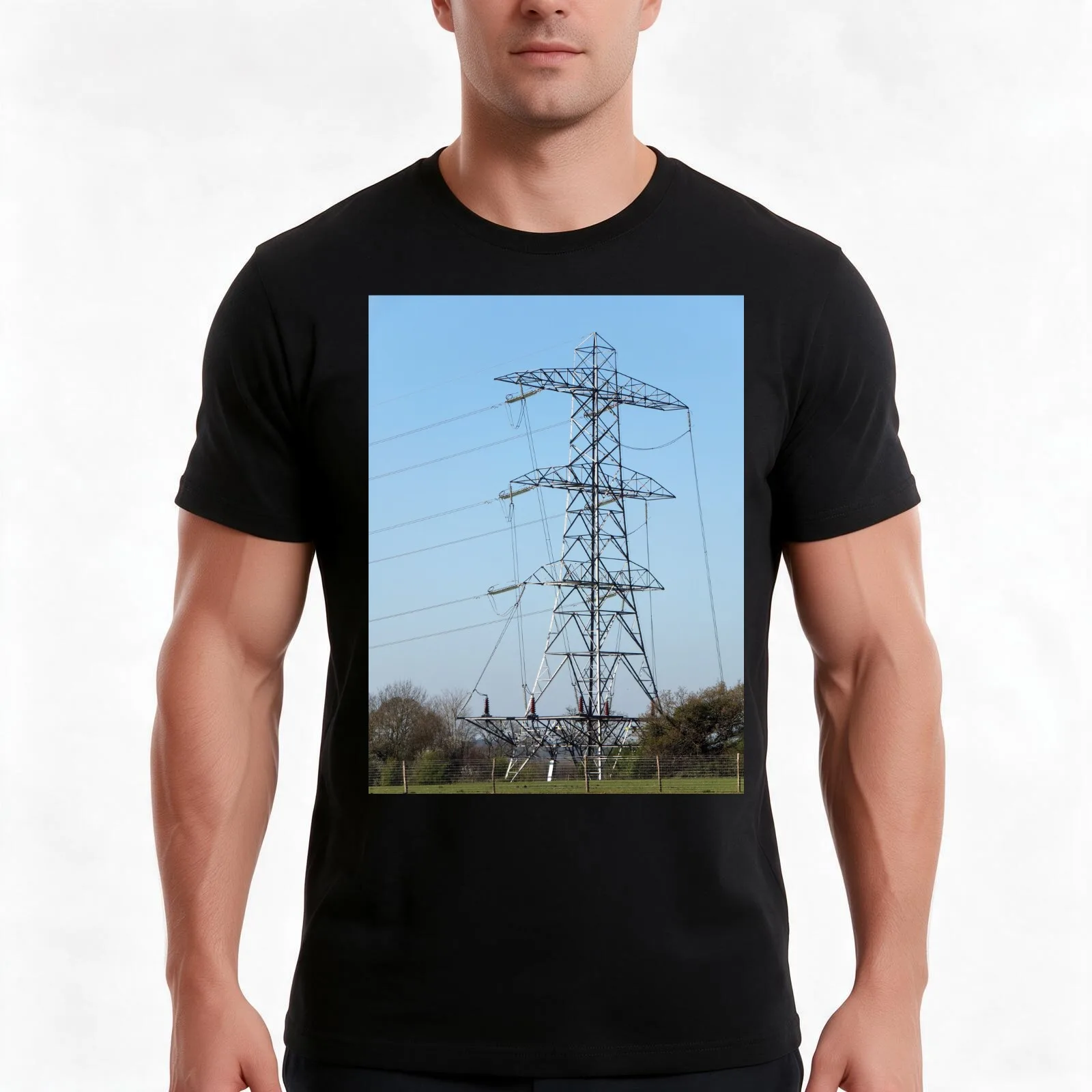 Electricity Pylon T-Shirt Summer Casual Cotton Tee Oversized Streetwear Tops Vintage Graphic Print Loose Fit Short Sleeve