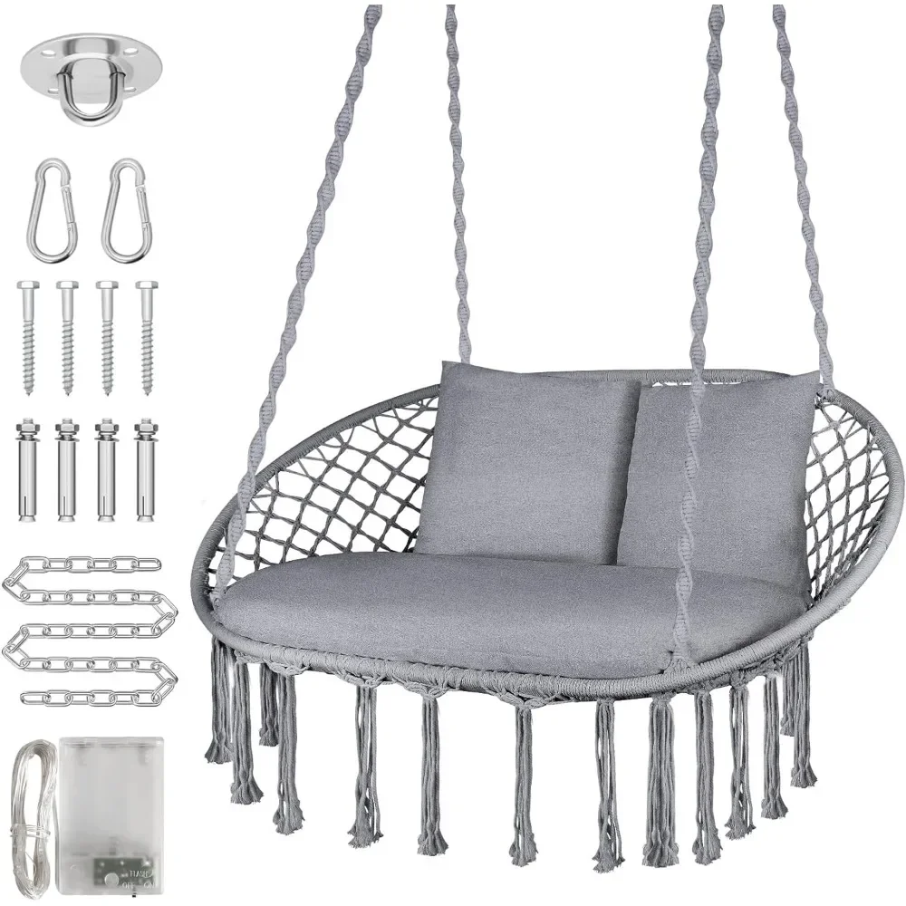 Large Hanging Macrame Swing Chair with 3 Cushions & Mounting Hardware, Handwoven Swing Chair