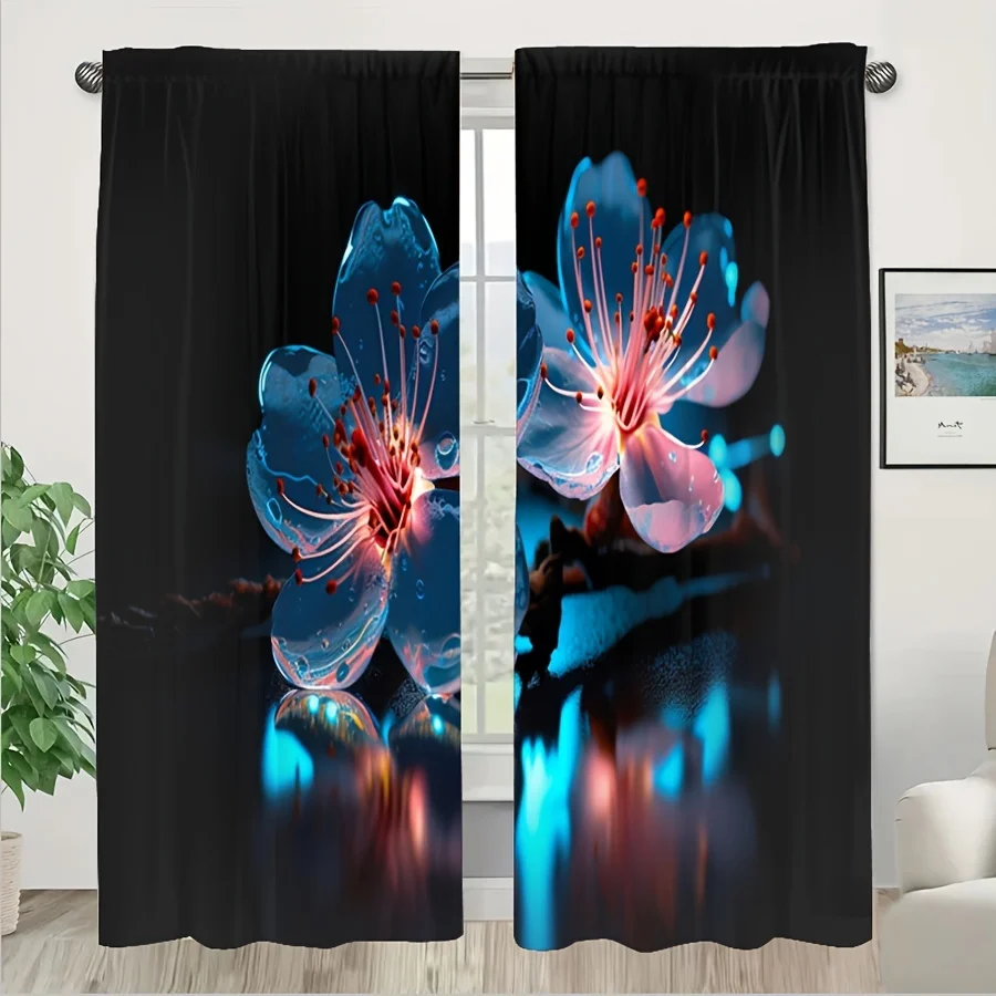 2pcs Flower Pattern Black Printed Curtain Rod Pocket Decoration Semi-blackout Curtain Living Room Bedroom Office Home Decoration