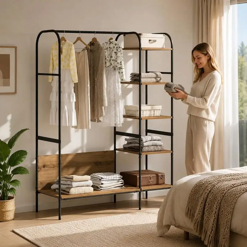 Portant vêtements ouvert 120x44x160 cm en bois d'ingénierie beige, penderie avec espace de rangement et étagères pour organiser les vêtements, dressing ouvert gain de place pour chambre, entrée, meuble de rangement intérieur pratique
