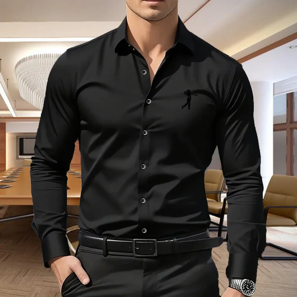 Men's Slim Fit Long Sleeve Shirt Business Casual Button down Golf Player Print Blouse Wrinkle Resistant 5 Colors S-XXL
