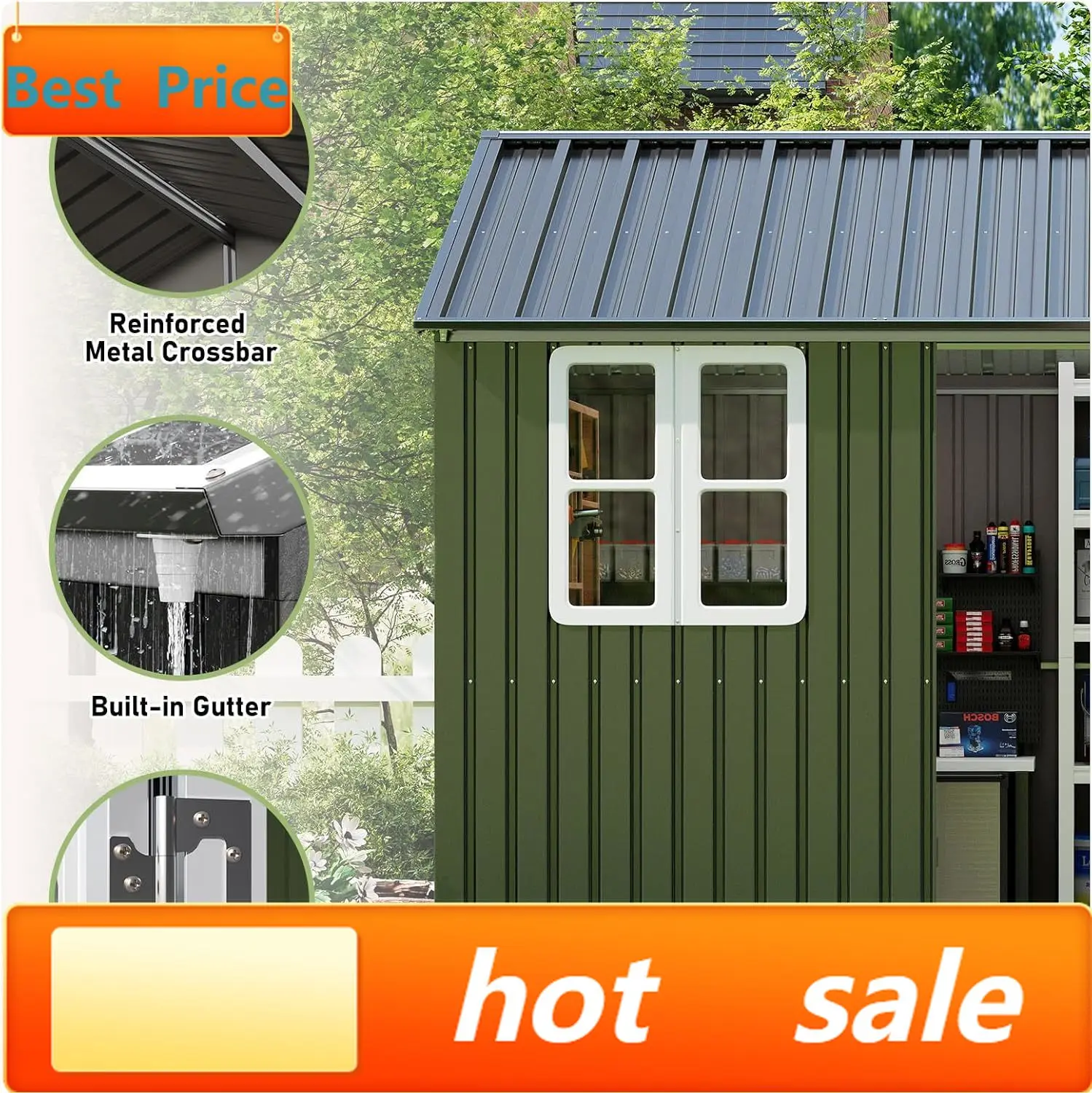 

Популярный садовый сарай из оцинкованной стали 12x10.3x8.1 футов с запираемой распашной дверью и 2 окнами, металлический сарай для сада