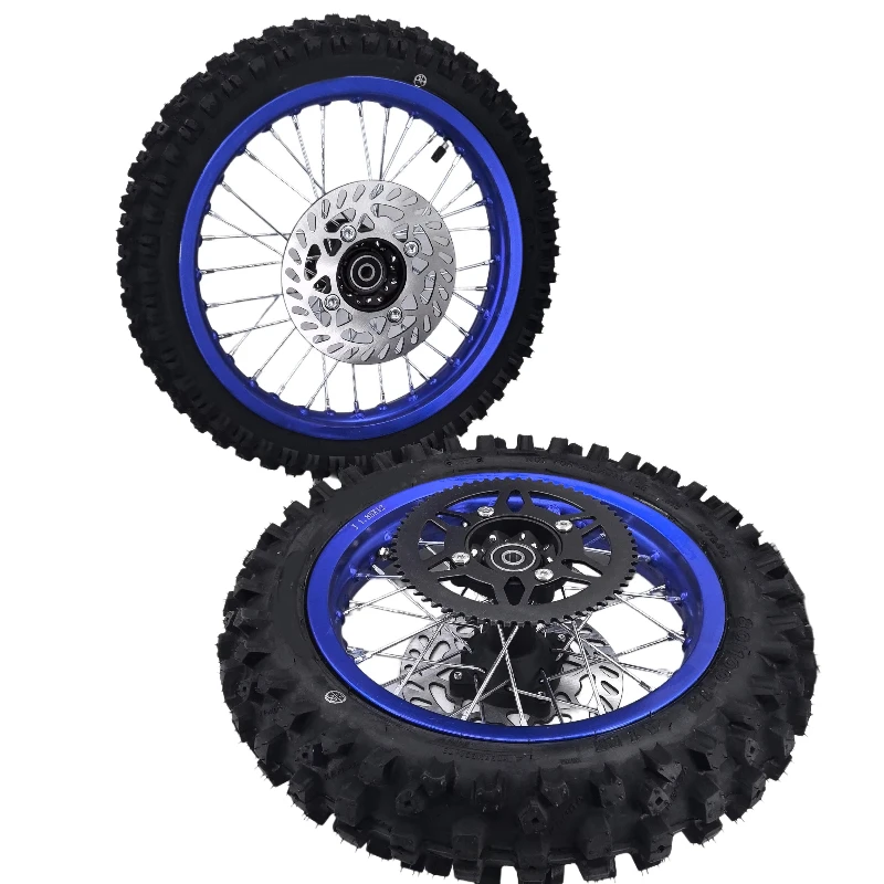 1.60-14 front wheels with 60/100-14 tires and 1.85-12 rear rim with off-road tires 80/100-12