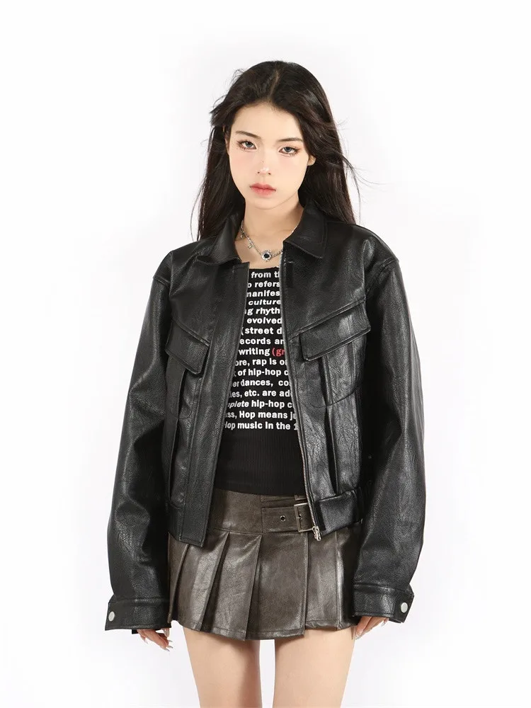 Women Black Vintage Lapel Zip PU Leather Jacket Loose Casual Cropped Biker Top Y2k Gyaru Vintage Motorcycle Mustang Jacket