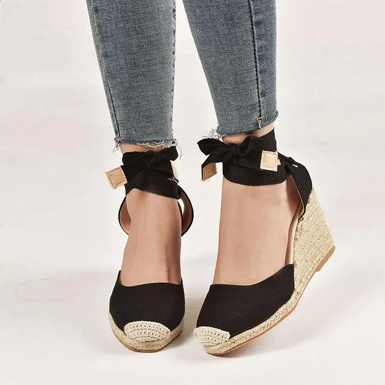 Black Platform Sandals Clogs Wedge Straw Shoes Women Summer Heels Large Size Suit Female Beige Espadrilles Handmade Girls 2024 C