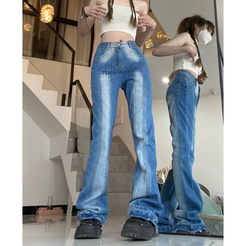 

Wome Blue Jeans Gradient Vintage High Waisted American Wide Leg Pants Fashion Y2K Style Straight Summer Female Denim Trouser