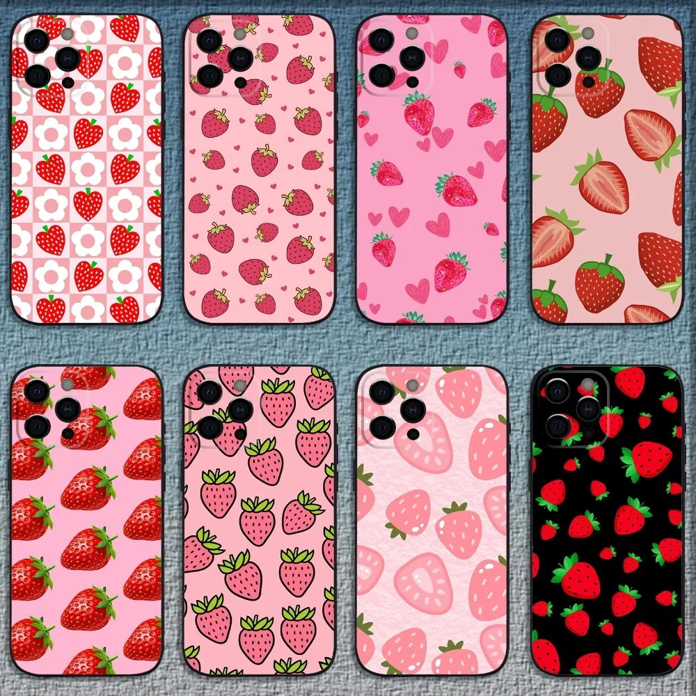 

Red Strawberry Fruit Pattern Phone Case For iPhone 16,15,14,13,12,11,Pro,X,XS,Max,XR,Plus,Mini Soft Black Cover