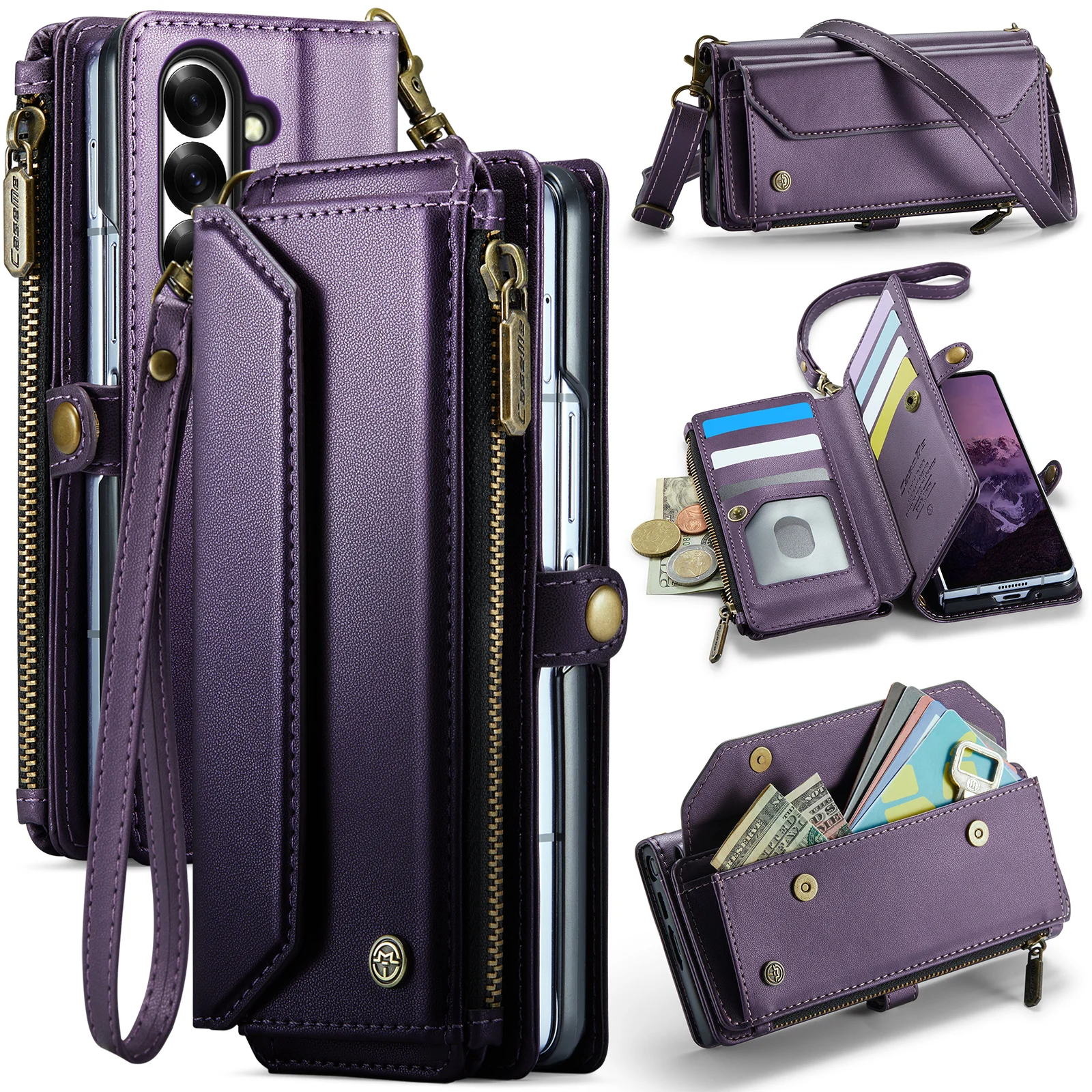 Diagonal Span Long Rope Zipper Multi Card Flip Wallet Leather Case for Samsung Z Fold 8 Ultra 7 Shockproof For Magsafe Cover