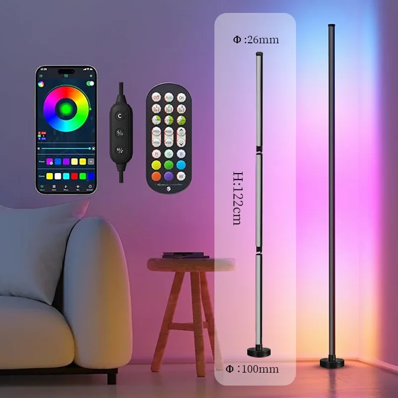 Narożna lampa podłogowa z możliwością przyciemniania 125cm stojak Bluetooth RGB nastrojowe oświetlenie LED do sypialni dekoracje domowe w stylu