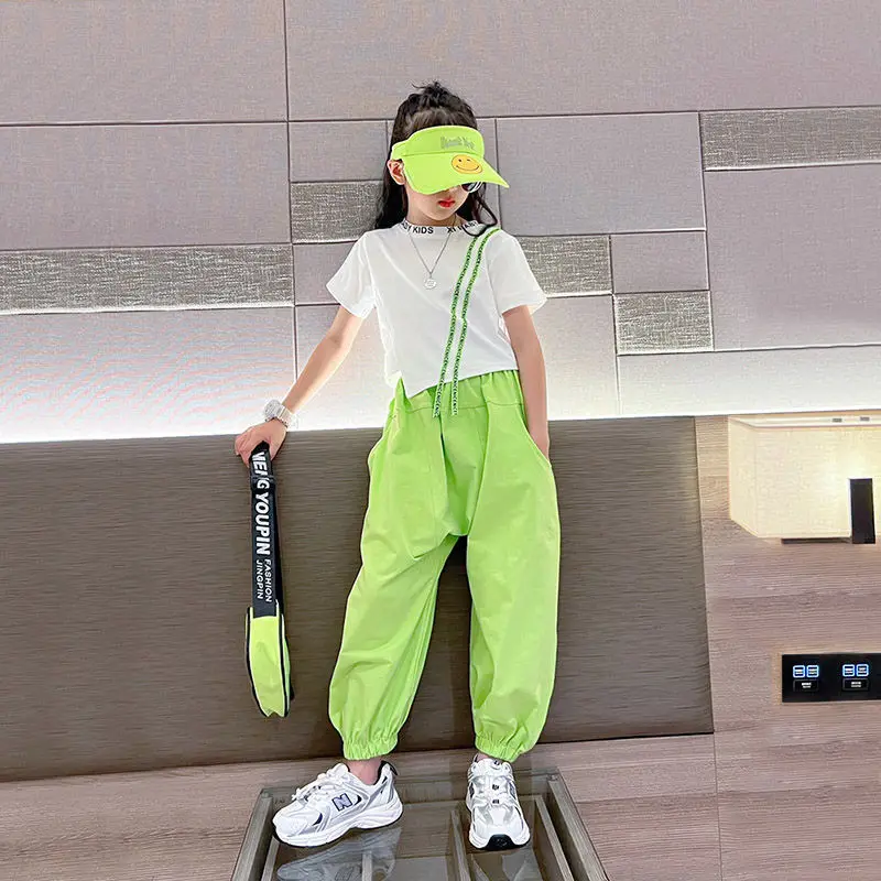 2024 summer Teen Girls Sport Suit striped short t-shirt + skinny Pants Children Set Tracksuit Kids 5 8 10 12 9 14 Years Clothing