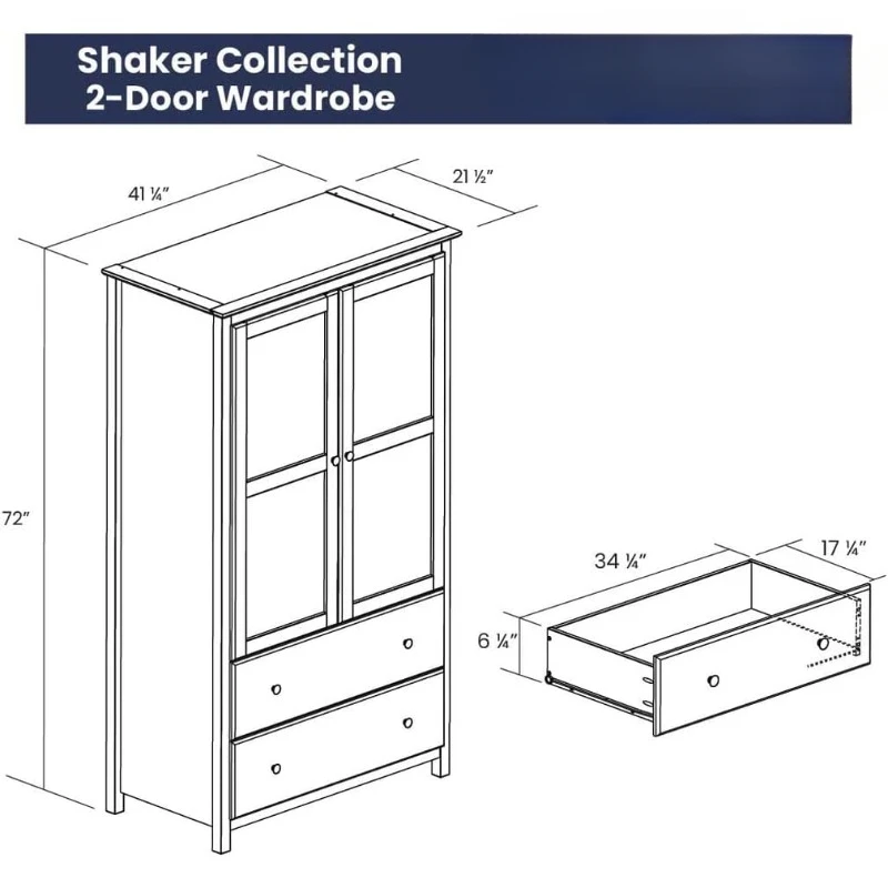 Shaker 2-Door Wardrobe, Solid Wood with Walnut Finish