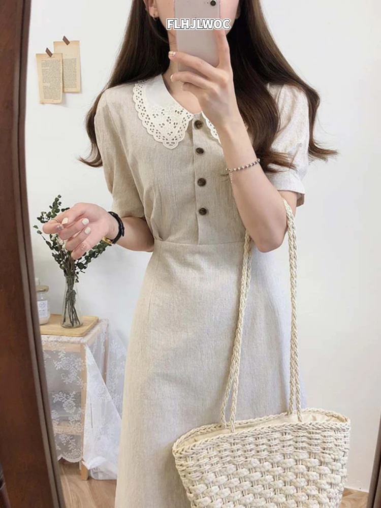 Vintage Dresses Hot Sales Woman Summer Cute Sweet Japan Korea Preppy Style Peter Pan Collar Cotton Button Shirt Dress Retro 6918