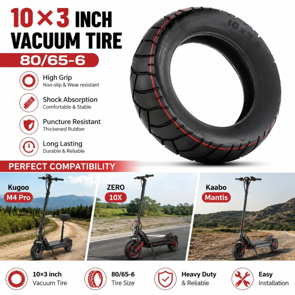 10*3 Толстая бескамерная шина для электросамокатов Kugoo M4 Pro, ZERO 10X, Kaabo Mantis, Ausom Leopard DT1 Pro / DT2 Pro, 80/65-6
