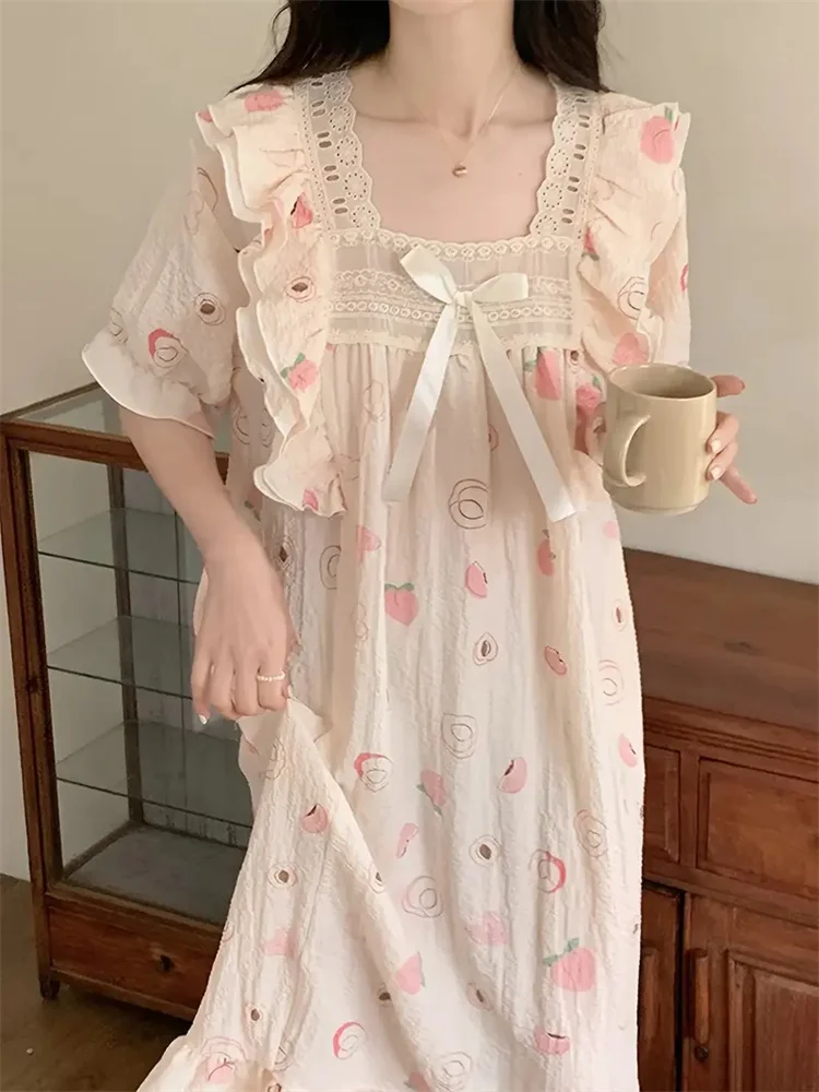 Women's Peach Sweet Textured Ruffle Hem Sleepwear Dress Puff Sleeve Bow Front Square Neck Loose Fit Dress Comfortable Nightgown