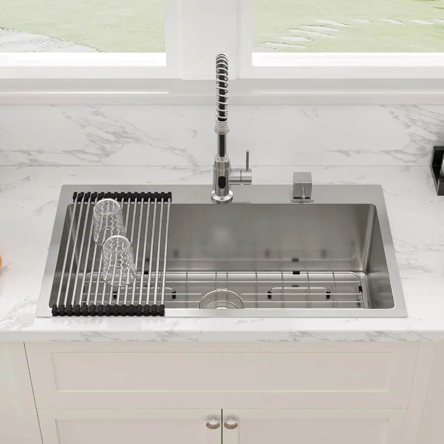 33 Inch Drop In Kitchen Sink - 33x19 Inch Stainless Steel Kitchen Sink Drop In Topmount Sink 16 Gauge Single Bowl Deep T