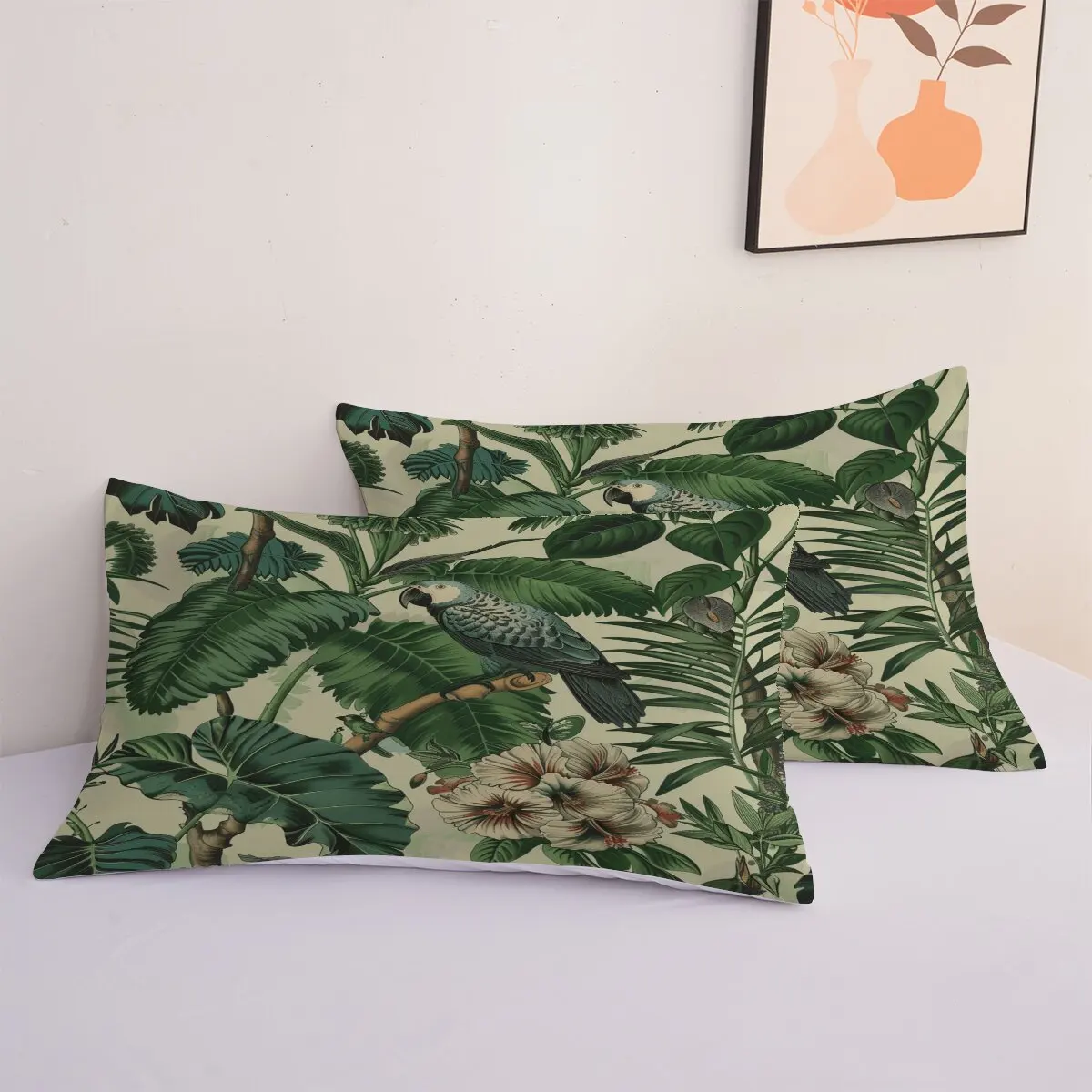 Juego de edredón de plumas con loros y flores, tamaño grande, decoración de habitación verde, juego de cama