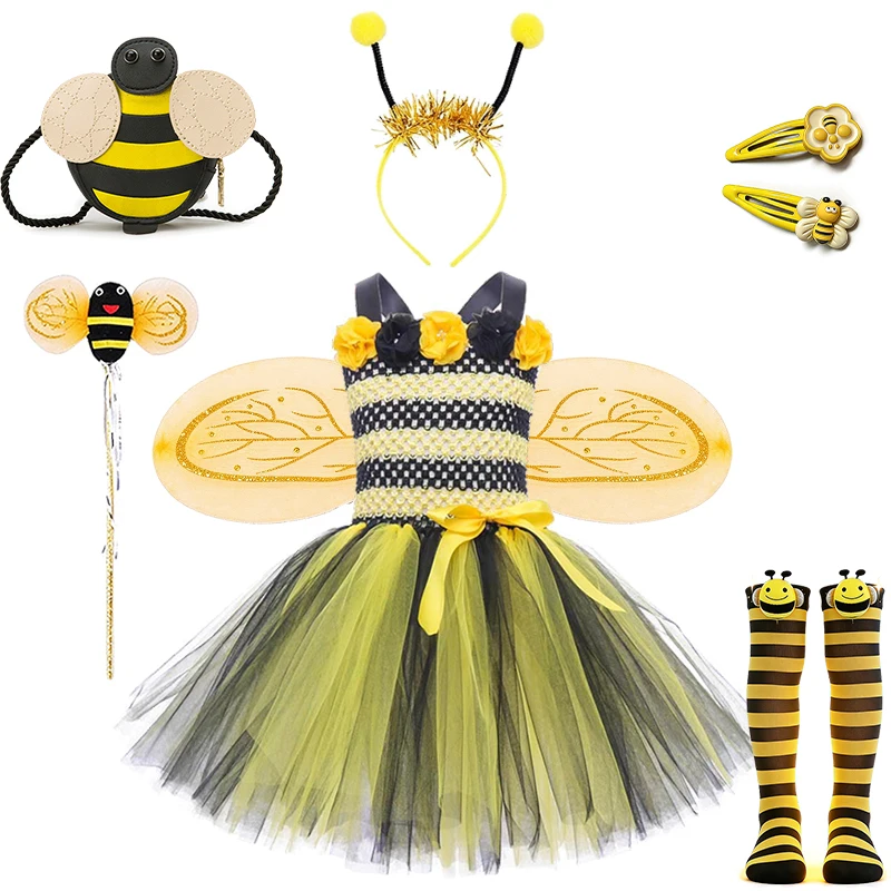 Kids Honeybee Fancy Tutu Dress with Layered Tulle Skirt Halloween Cosplay Performance Bumble Bee Garden Party Children's Costume