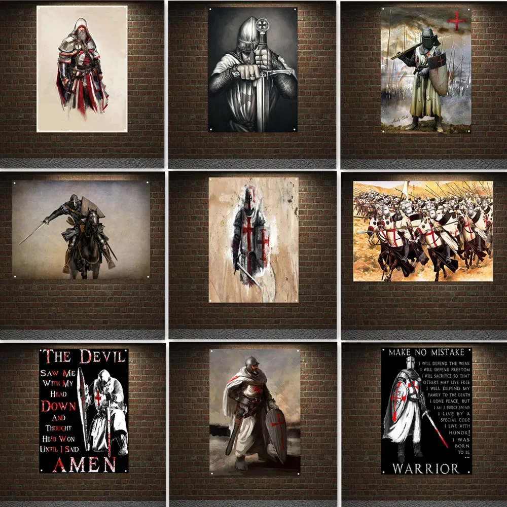 

Knights Templar Ancient European War Art Posters Vintage Wall Decor Banner Tapestry Masonic Armor Warrior Flag Wall Painting